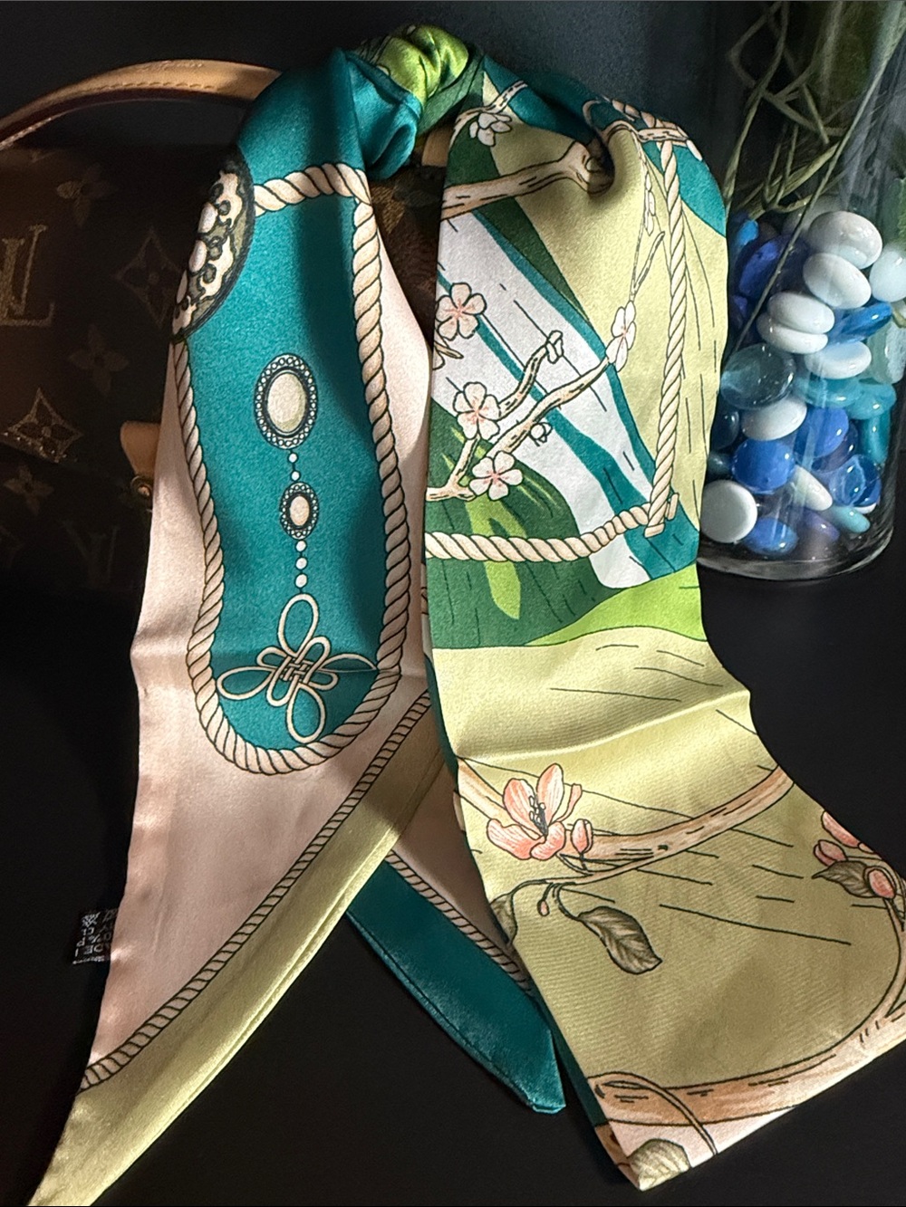 Teal and Light Green Printed Twilly Scarf